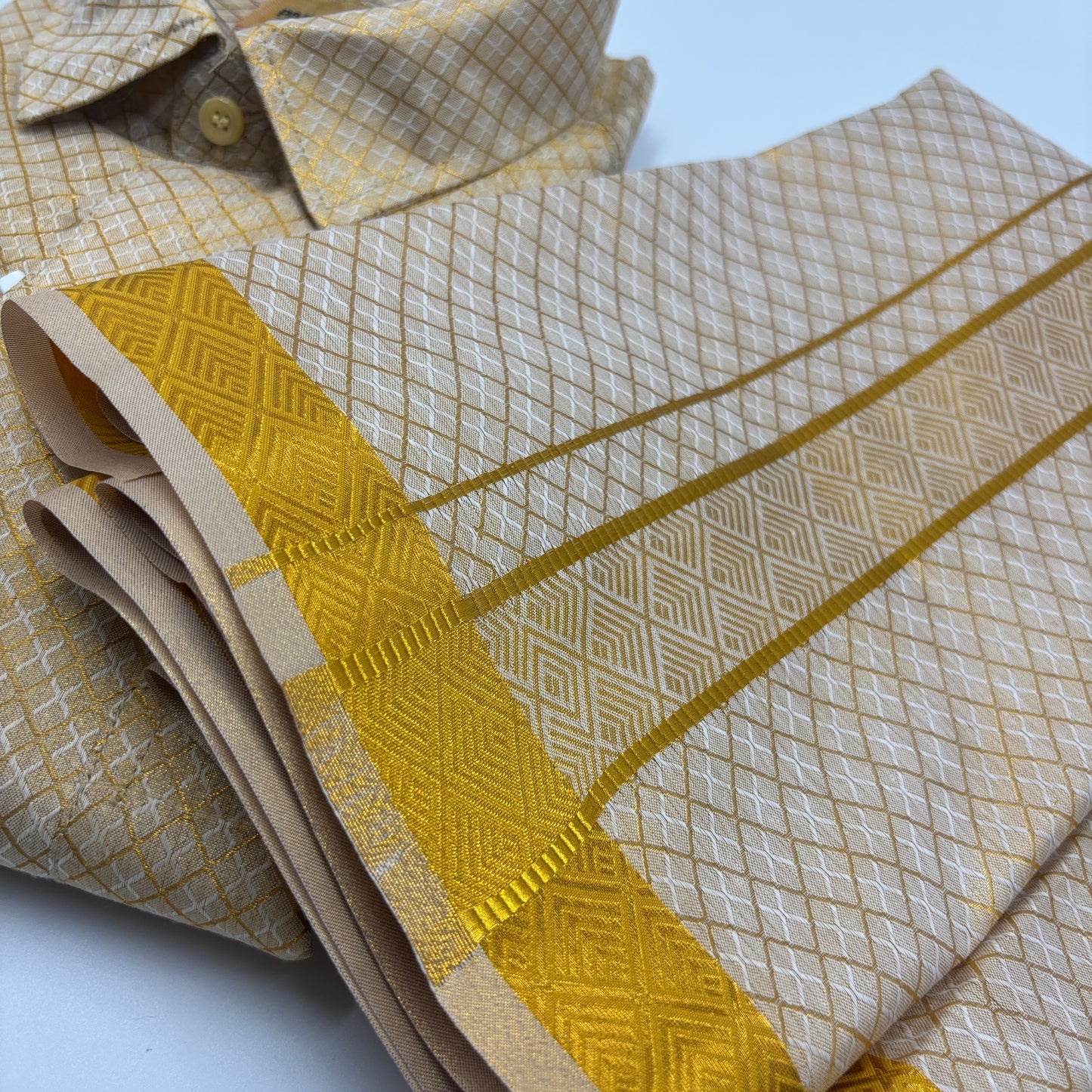 Anugraha Tissue Emboss Double Jari Gold Mens shirt and Dhoti