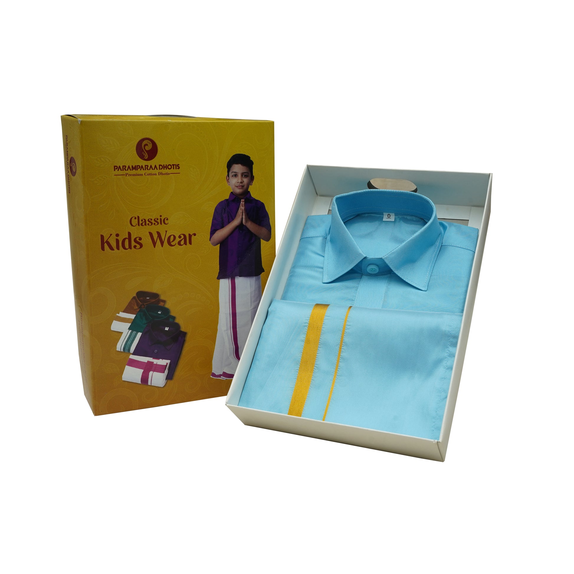 Kids Silk Sky blue Shirt and Dhotis -  -  Paramparaa Dhotis