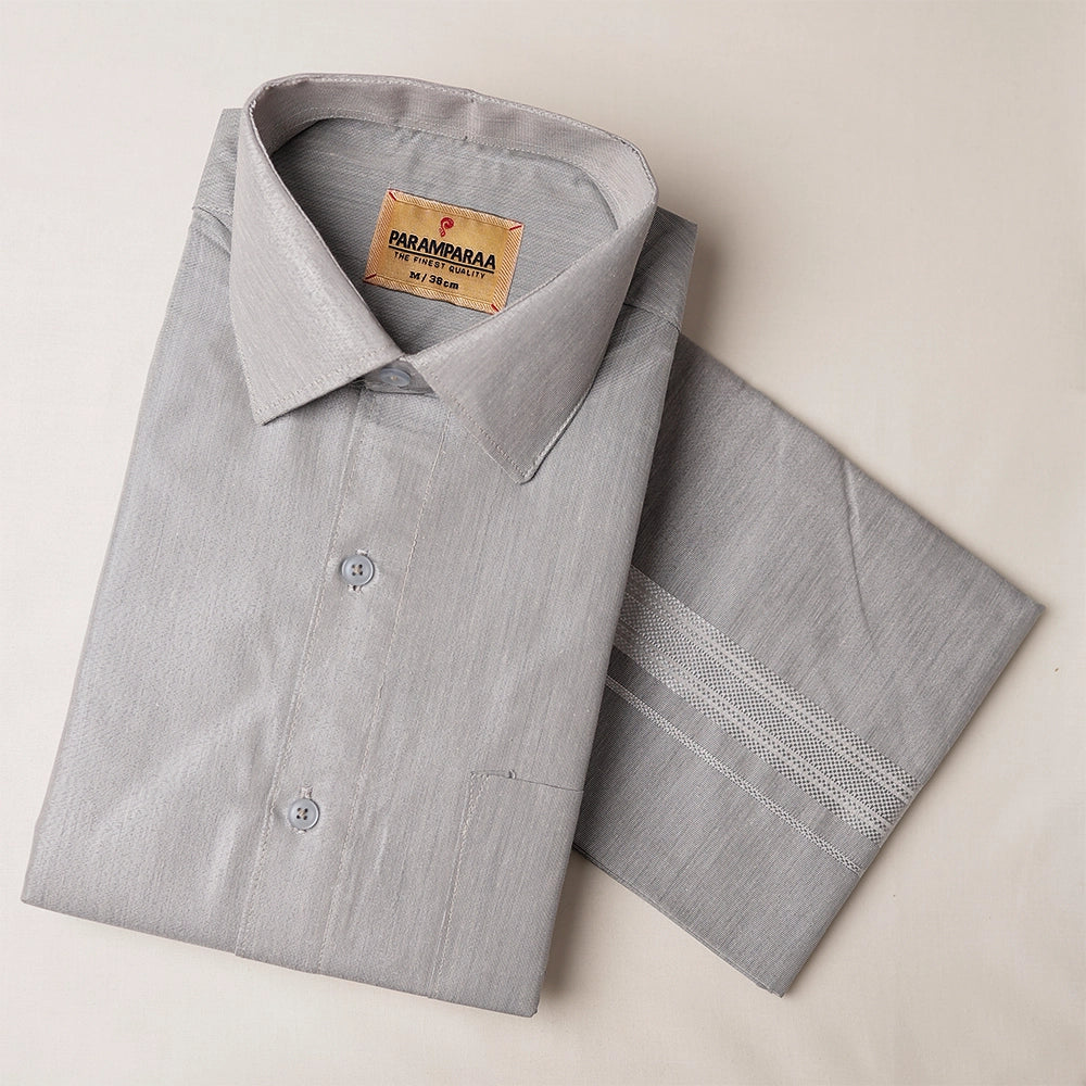 Royal Tissue Grey Mens Shirt and Dhotis -  -  Paramparaa Dhotis