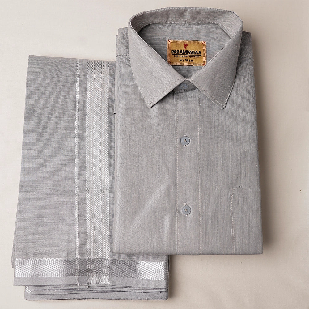 Royal Tissue Grey Mens Shirt and Dhotis -  -  Paramparaa Dhotis