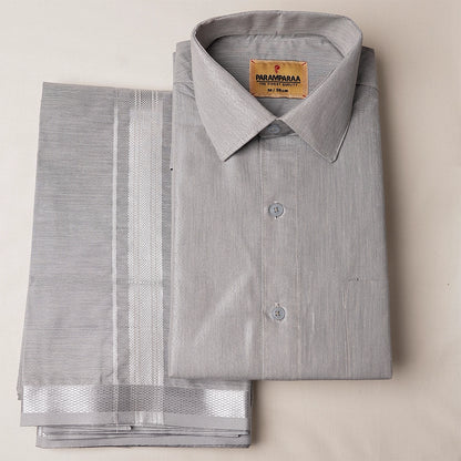 Royal Tissue Grey Mens Shirt and Dhotis -  -  Paramparaa Dhotis