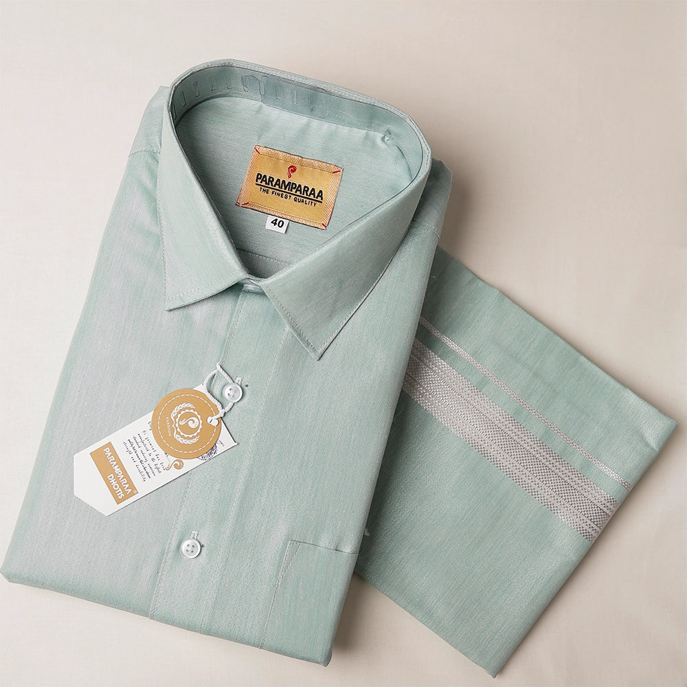 Royal Tissue ice blue Mens shirt and Dhotis -  -  Paramparaa Dhotis
