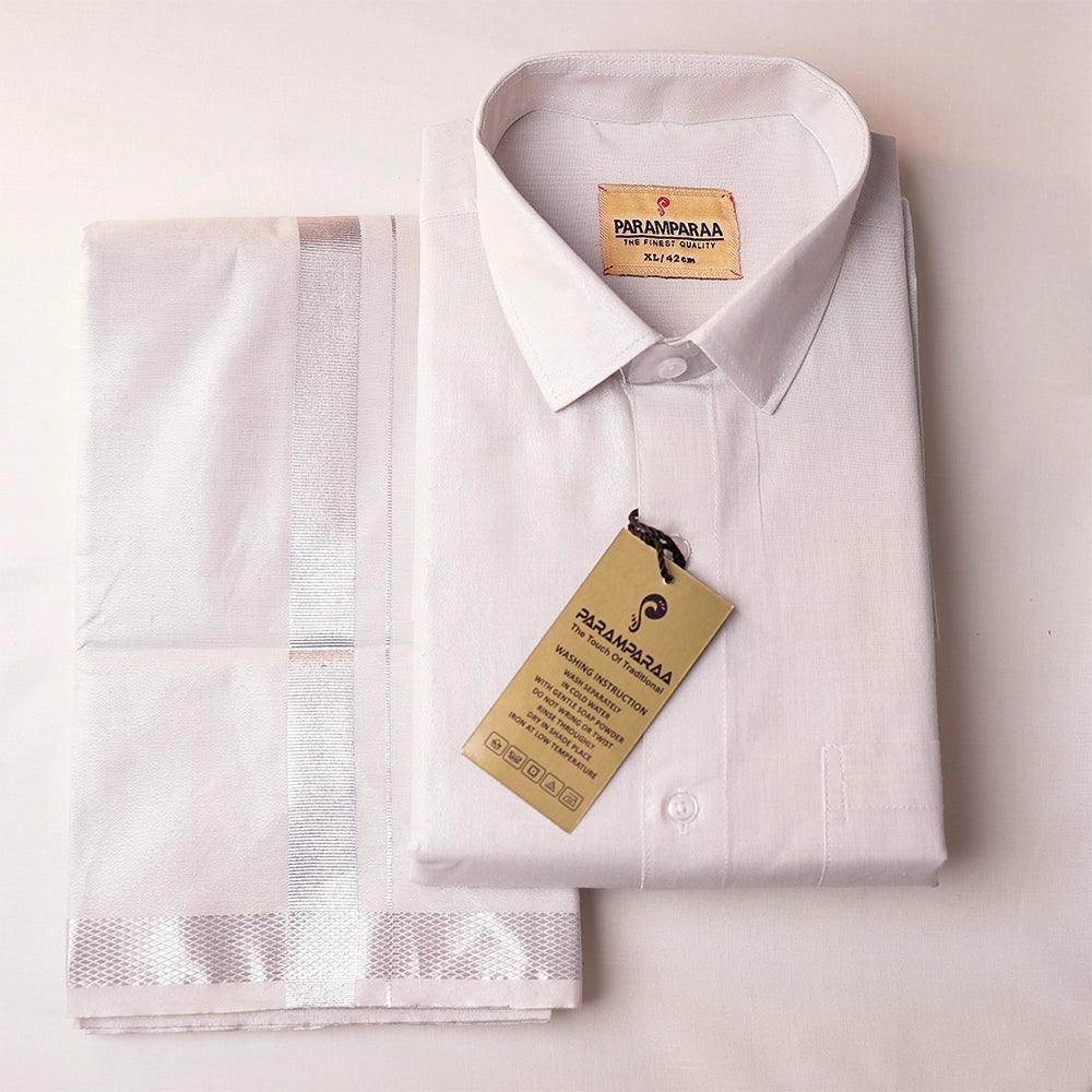 Swarna Tissue Silver Mens shirt and Dhotis -  -  Paramparaa Dhotis