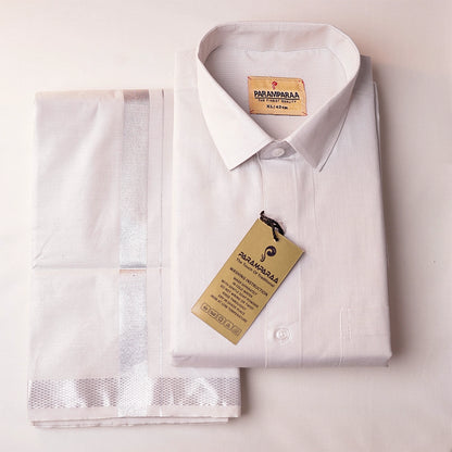 Swarna Tissue Silver Mens shirt and Dhotis -  -  Paramparaa Dhotis